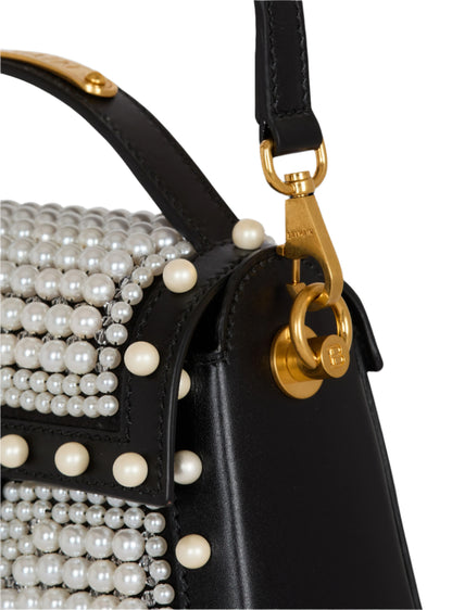 Balmain B-Buzz Dynasty-Pearl Handbag in Leather and Embroidered Satin