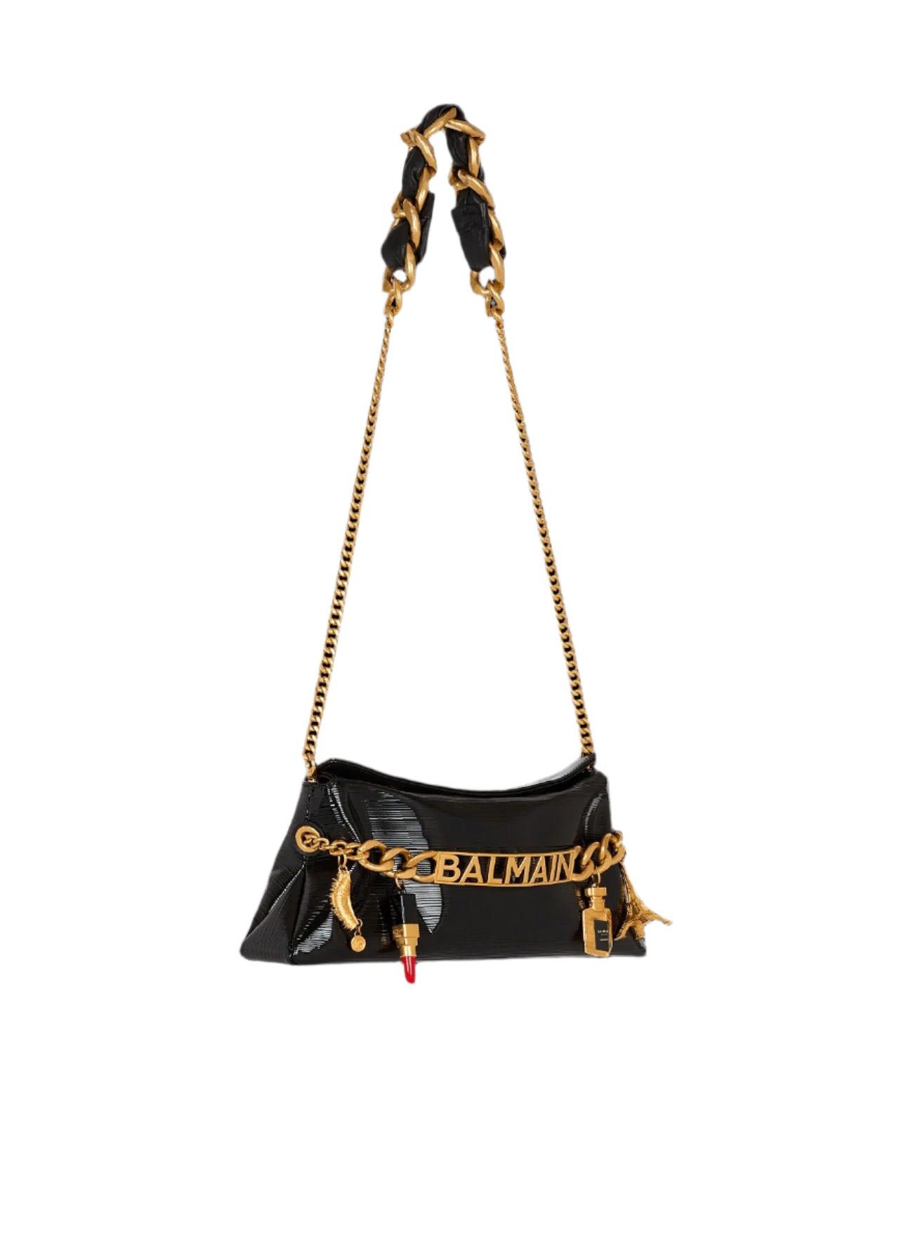 Balmain 11945 Soft Clutch in Striped Patent Leather in Noir