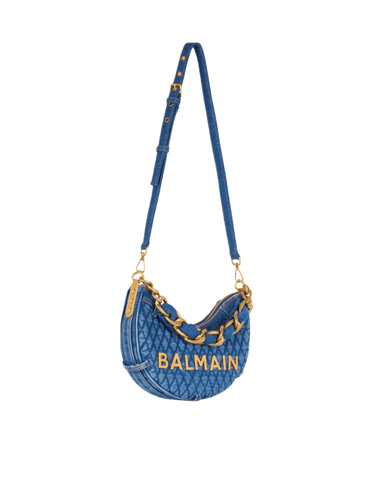 Balmain 1945 Soft Moon Bag-Grid Quilted Denim in Blue Jean