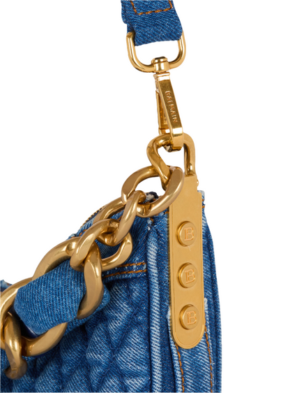 Balmain 1945 Soft Moon Bag-Grid Quilted Denim in Blue Jean