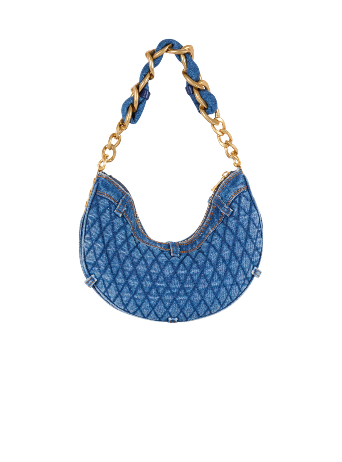 Balmain 1945 Soft Moon Bag-Grid Quilted Denim in Blue Jean