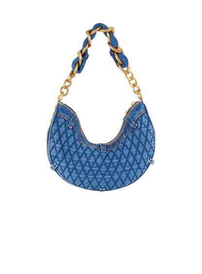 Balmain 1945 Soft Moon Bag-Grid Quilted Denim in Blue Jean