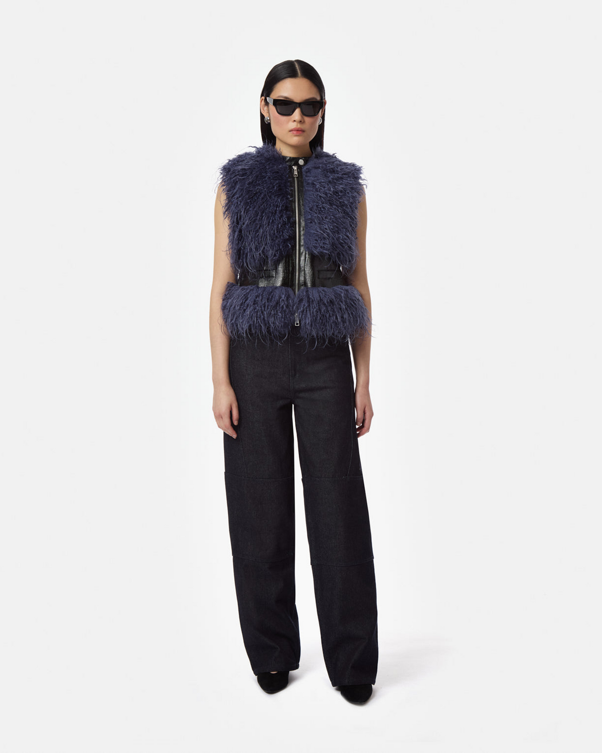 Apparis Cleo Mongolian Vest in Noir Croc/Steel Blue