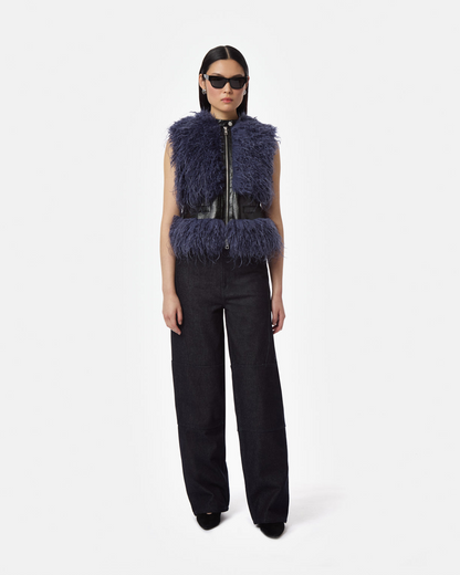 Apparis Cleo Mongolian Vest in Noir Croc/Steel Blue