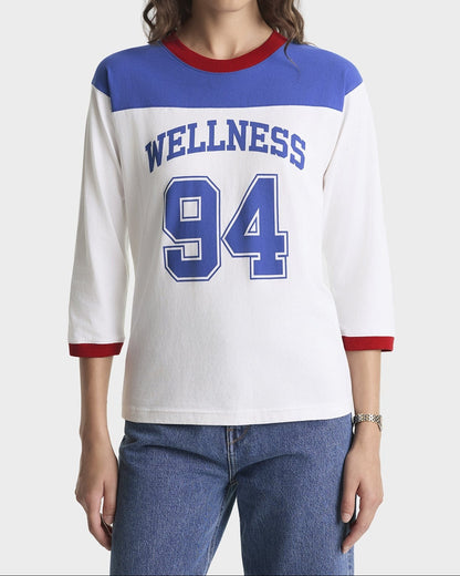Sporty & Rich Wellness 94 Long Football Tee in White/Ruby/Team Blue