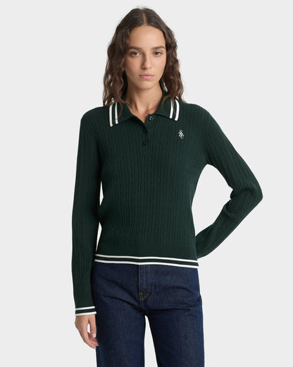 Sporty & Rich SRC Mini Cable Long Sleeve Polo in Forest/Ecru