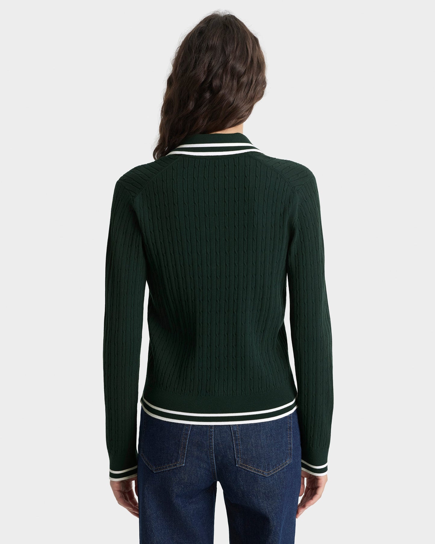 Sporty & Rich SRC Mini Cable Long Sleeve Polo in Forest/Ecru
