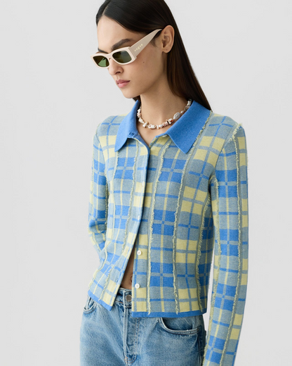 Guest in Residence Fringe Plaid Elle Shirt in Delft Blue/Butter