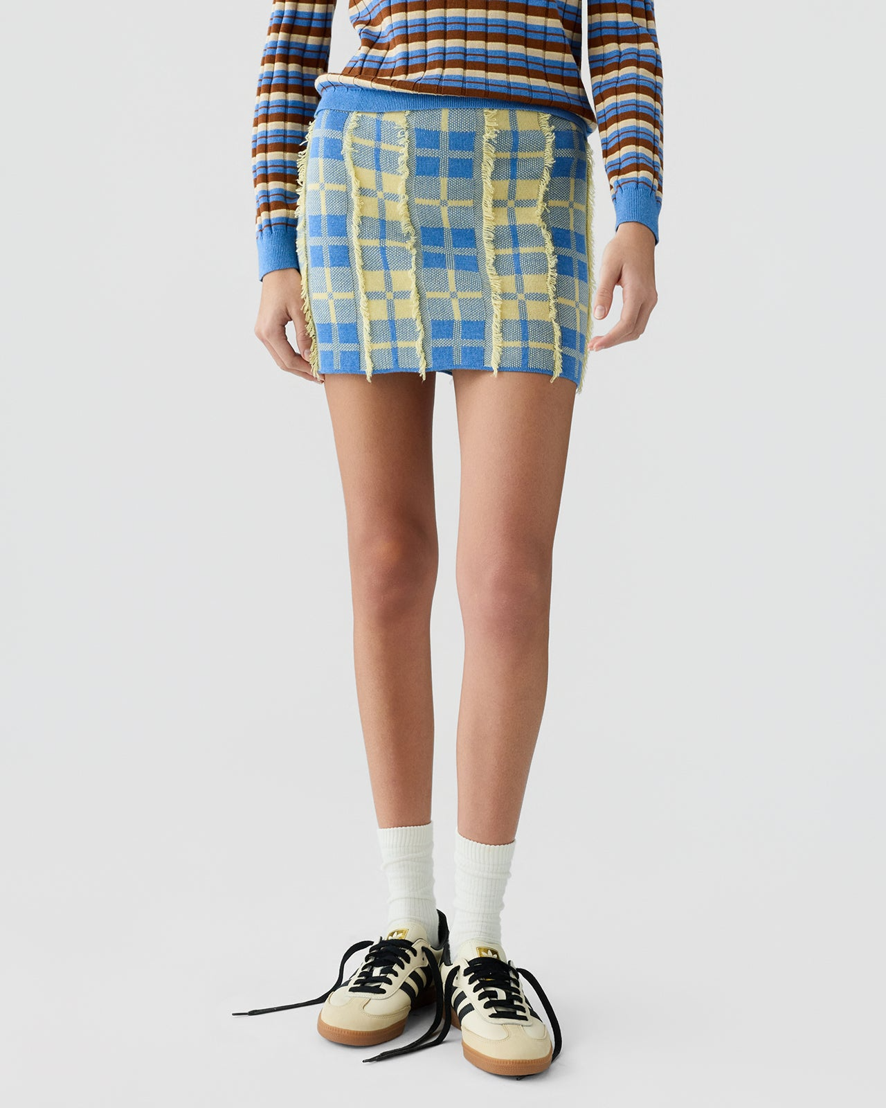 Guest in Residence Fringe Plaid Mini Skirt in Delft Blue/Butter