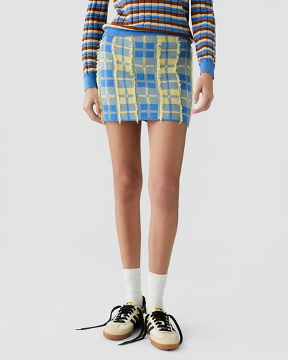 Guest in Residence Fringe Plaid Mini Skirt in Delft Blue/Butter