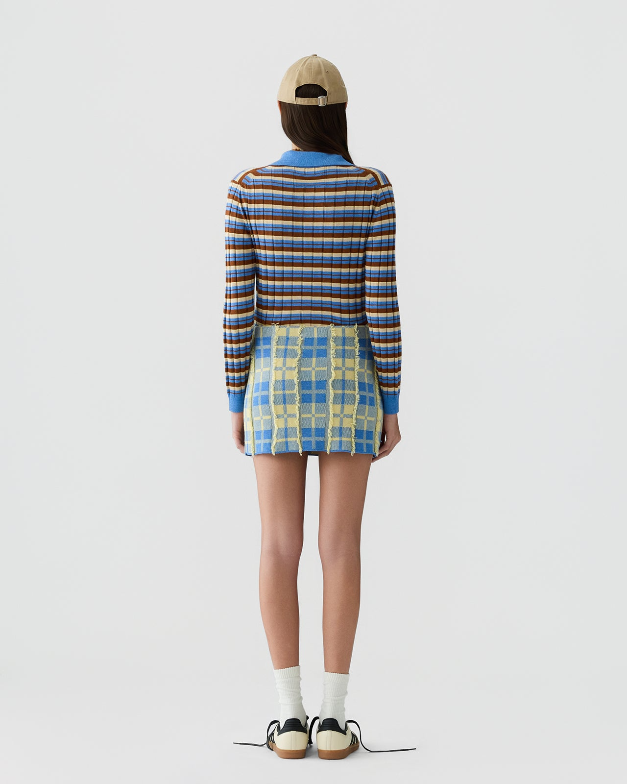Guest in Residence Fringe Plaid Mini Skirt in Delft Blue/Butter