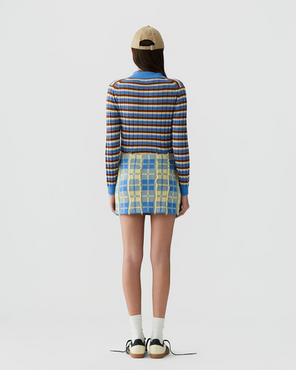Guest in Residence Fringe Plaid Mini Skirt in Delft Blue/Butter