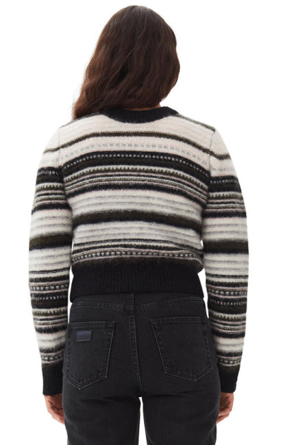 Ganni Soft Wool Stripe O-Neck Sweater in Black 099