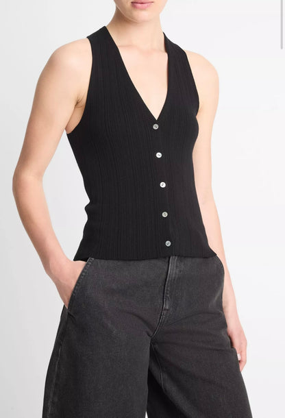 Vince Italian Cotton-Blend Button V-Neck Tank in Black