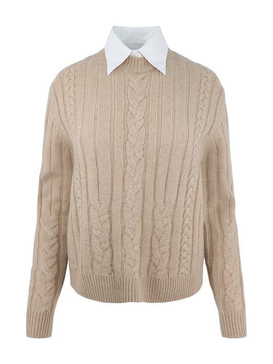 TWP Boy Camel Cable Sweater With Collar