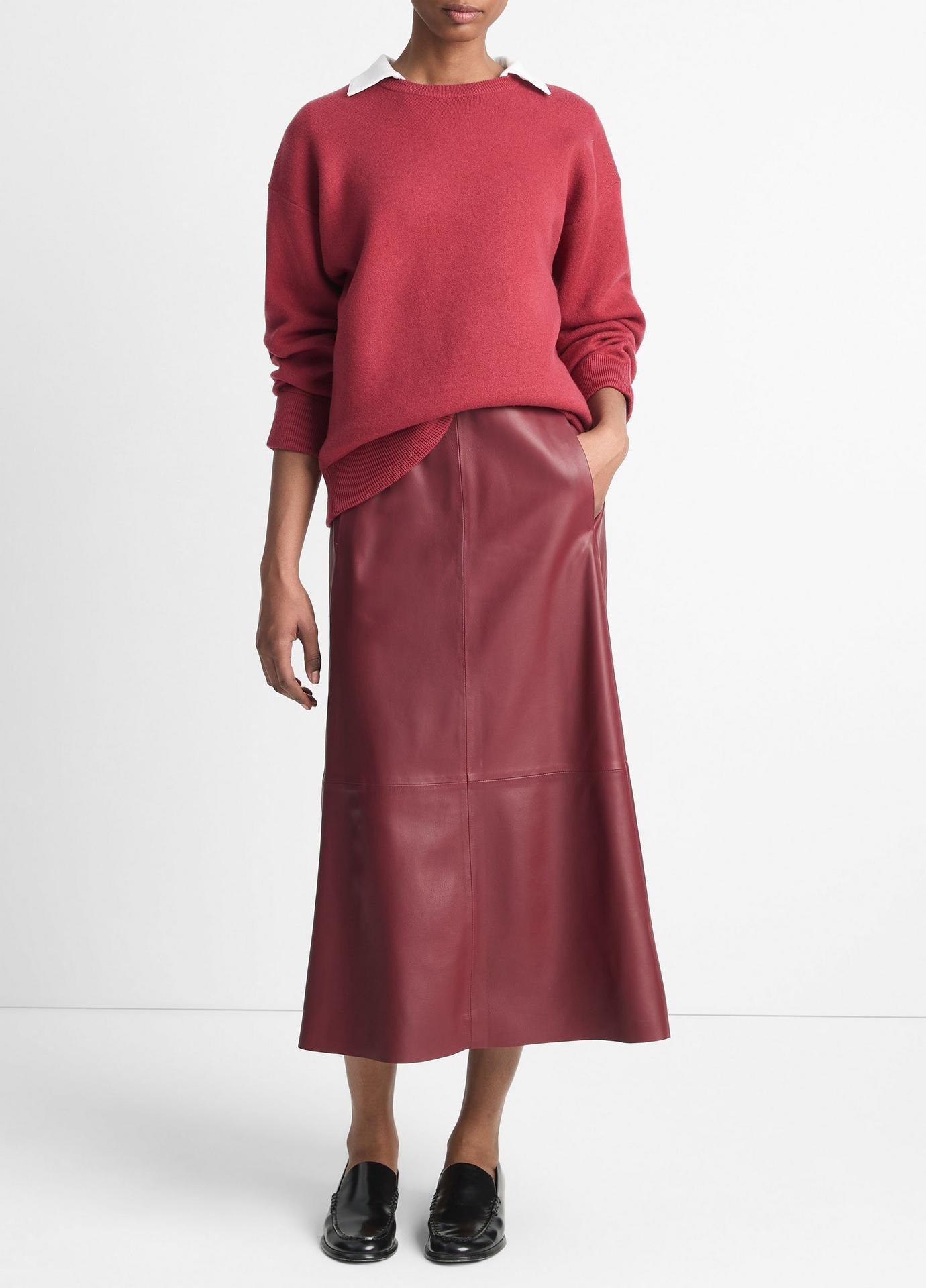 Vince Mid Rise Leather Gathered Skirt in Dark Raspberry