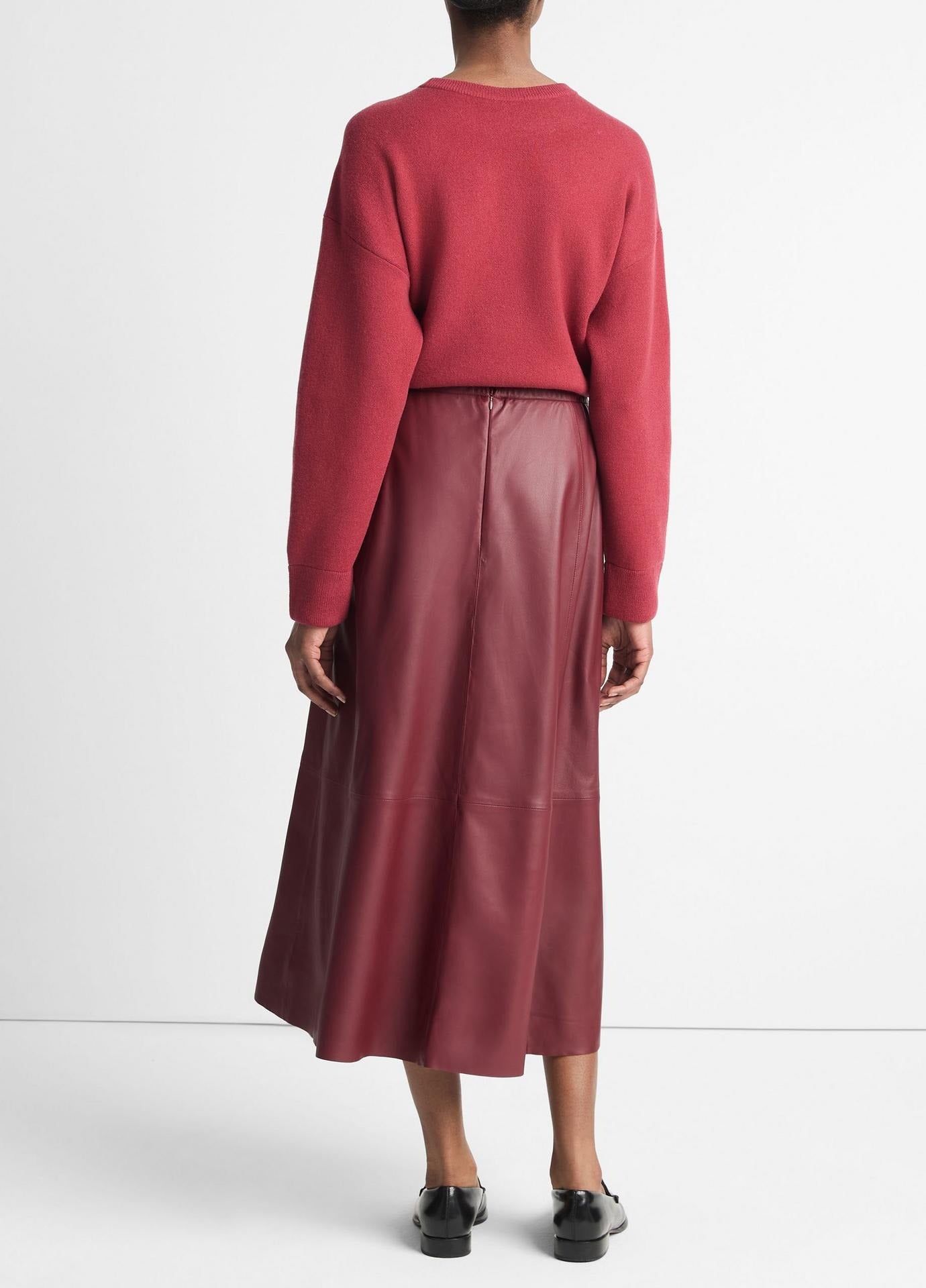 Vince Mid Rise Leather Gathered Skirt in Dark Raspberry