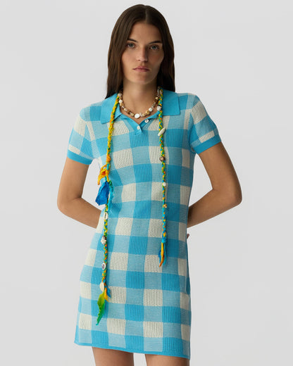 Guest in Residence Gingham Polo Dress in Swimming Pool/Cream