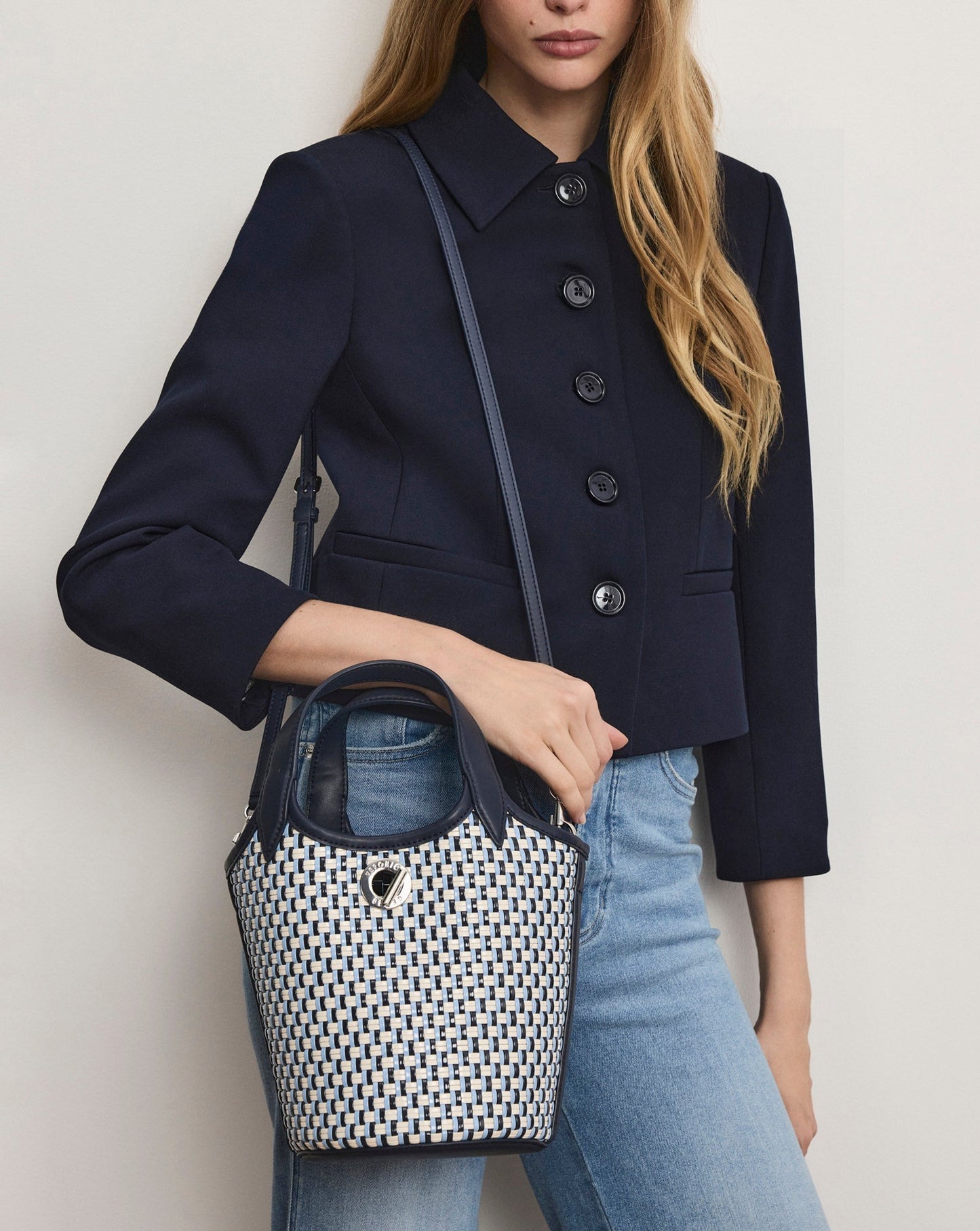 Veronica Beard Woven Anchor Bag in Navy Multi