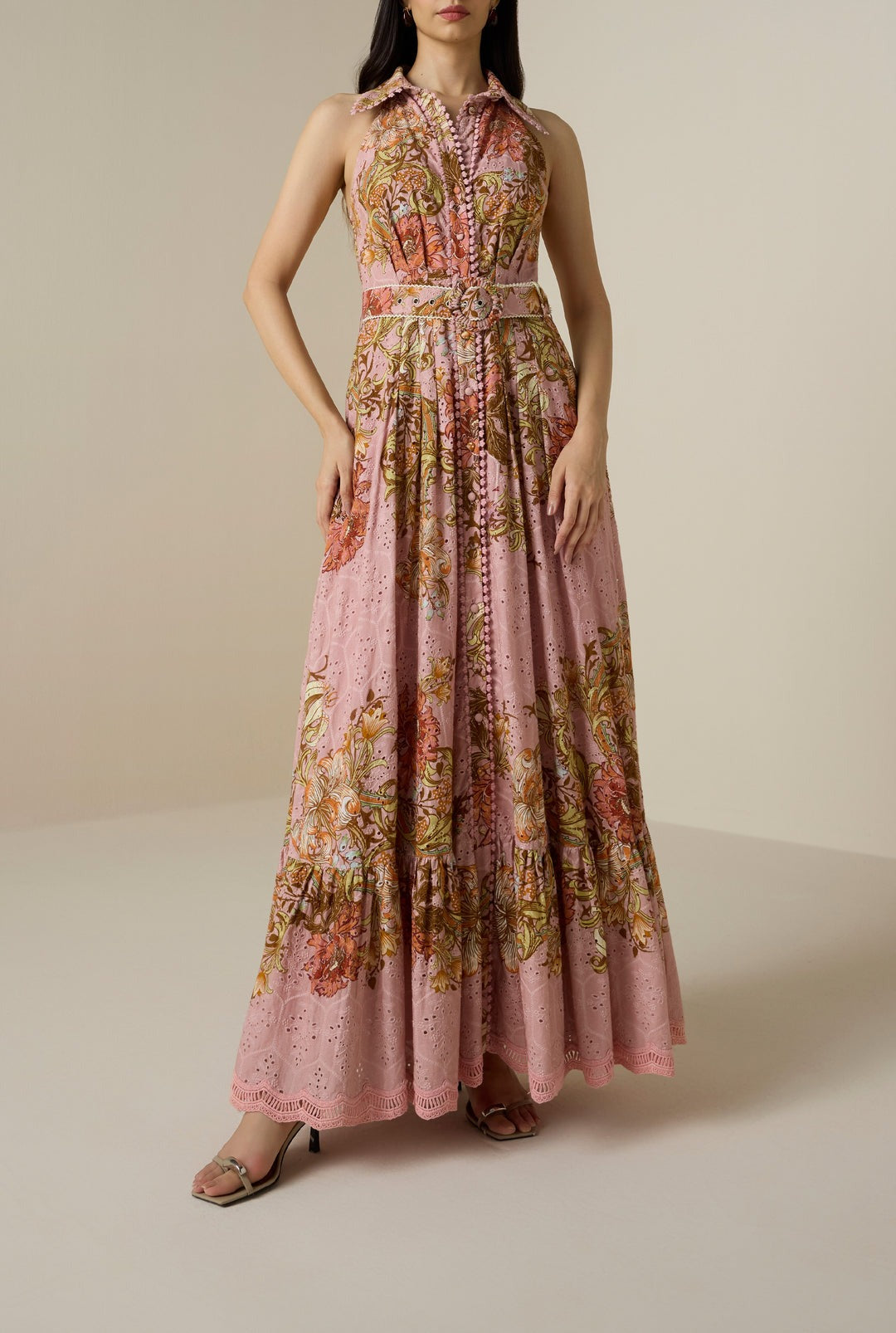 Hemant and Nandita Sula Long Shirt Dress With Buckle Belt in Dusty Pink