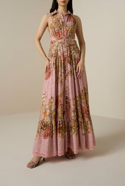 Hemant and Nandita Sula Long Shirt Dress With Buckle Belt in Dusty Pink