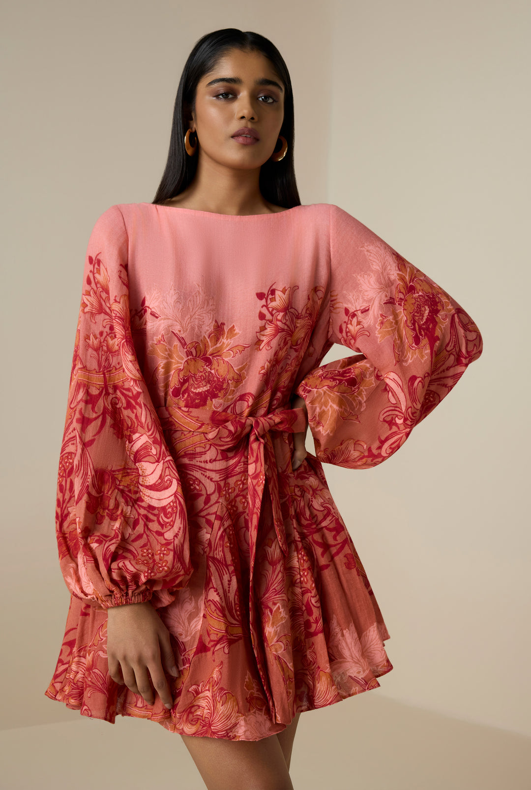 Hemant and Nandita Vine Mini Dress in Coral