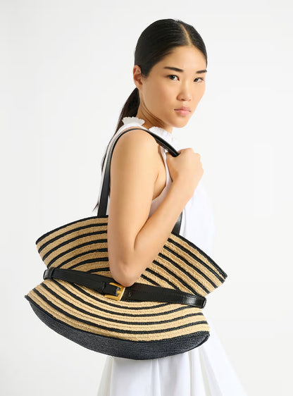 Balmain Medium Shuffle Bag in Smooth Leather and Two-Tone Raffia