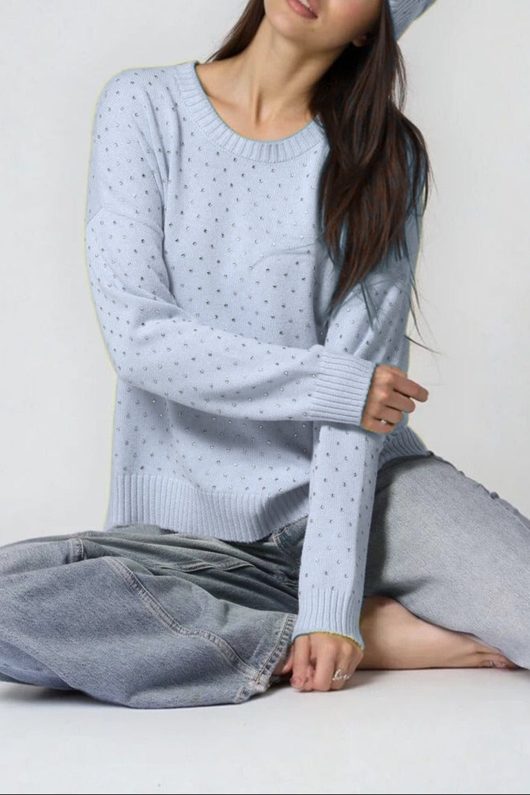 Minnie Rose Cotton Cashmere Boxy Rhinestone Crew (More Colors)