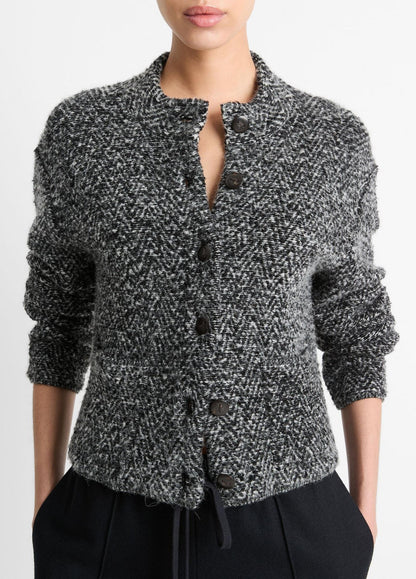 Vince Herringbone Textured Cardi Jacket in Black/Off White Combo