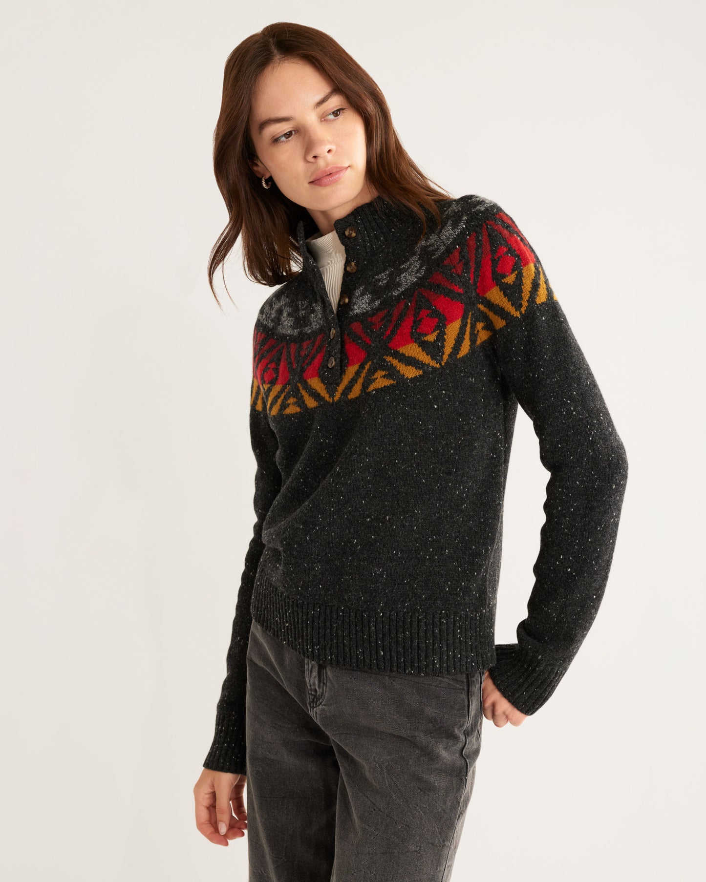 Pendleton Fairisle Mock-Neck Sweater in Charcoal