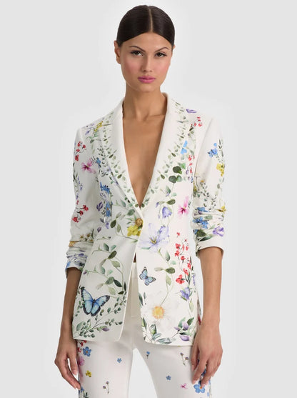 Alice + Olivia Breann Long Fitted Blazer in Twisting Vines Off-White