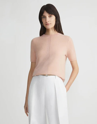 Lafayette 148  Intarsia Crewneck Short Sleeve Sweater in Buff Pink