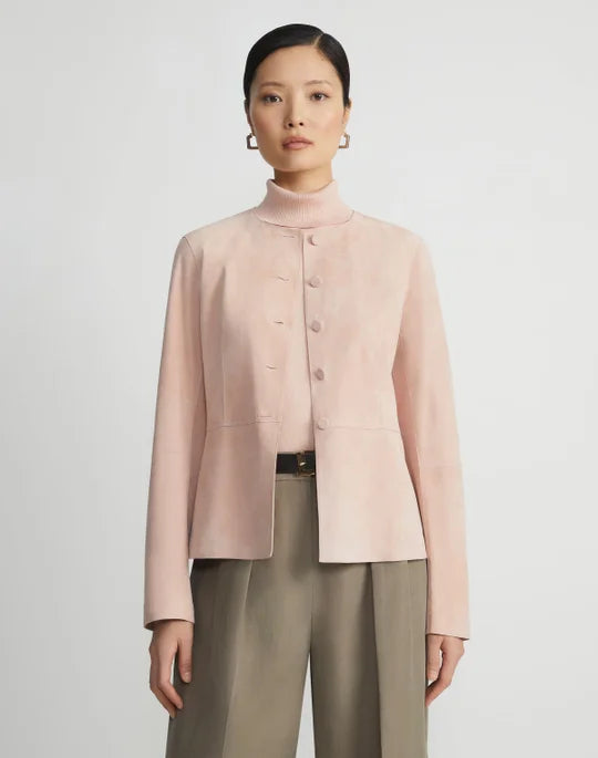 Lafayette 148 Paperfine Suede Collarless Jacket in Buff Pink