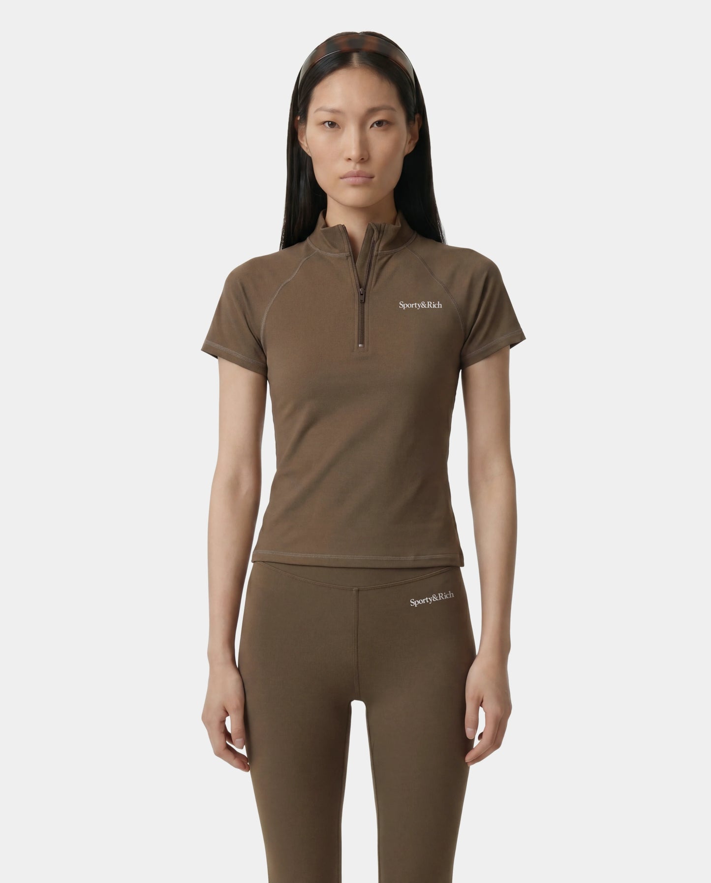 Sporty & Rich Serif Logo Short Sleeve Sports Quarter Zip in Sand