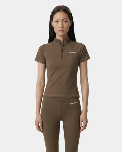 Sporty & Rich Serif Logo Short Sleeve Sports Quarter Zip in Sand