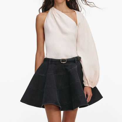 Self-Portrait Cream Linen Organza Draped Sleeve Top