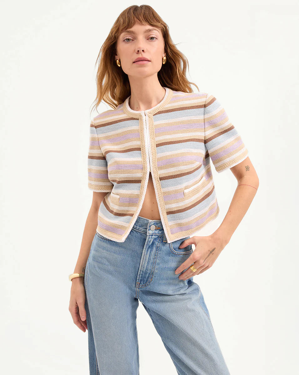 Veronica Beard Wyatt Short-Sleeve Jacket in Stone Khaki Multi