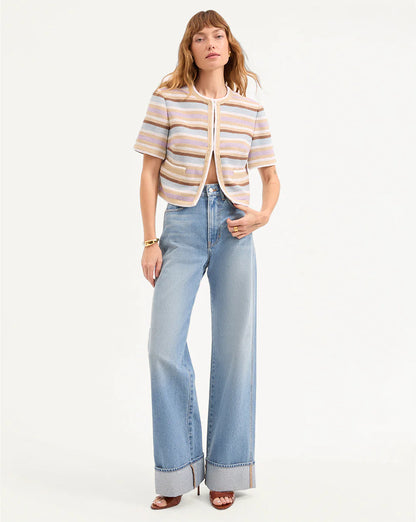 Veronica Beard Wyatt Short-Sleeve Jacket in Stone Khaki Multi