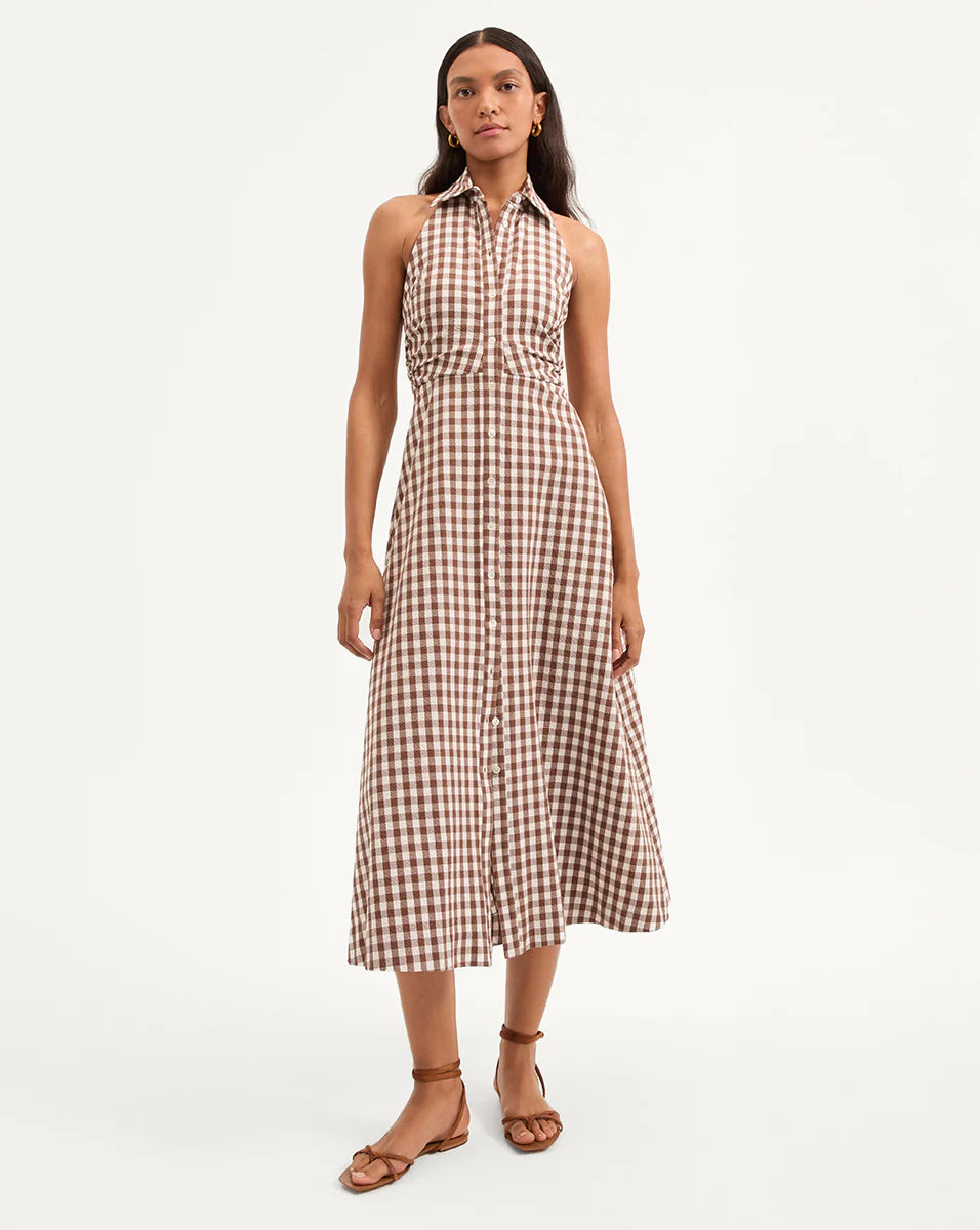 Veronica Beard Mackey Gingham Seersucker Halter Dress in Light Chicory/Dove