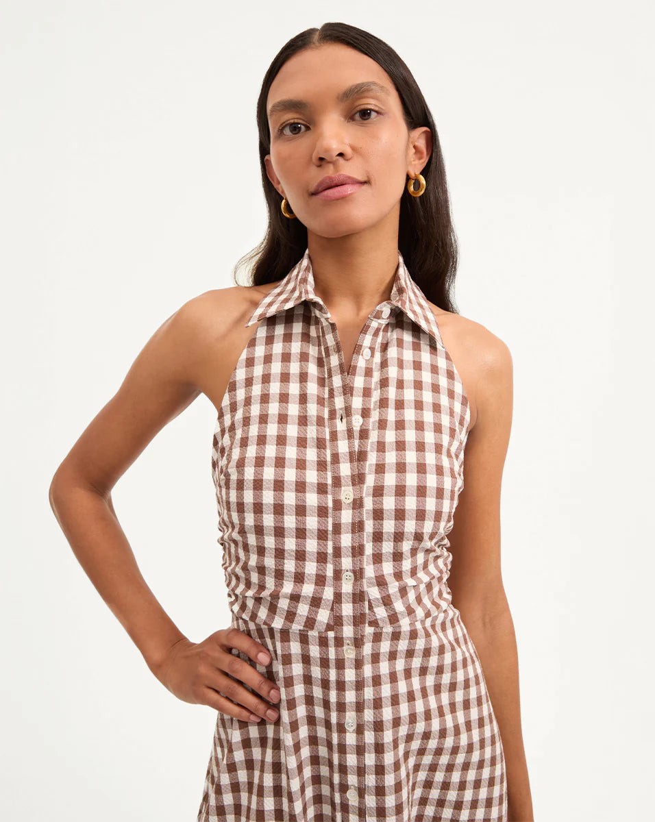 Veronica Beard Mackey Gingham Seersucker Halter Dress in Light Chicory/Dove