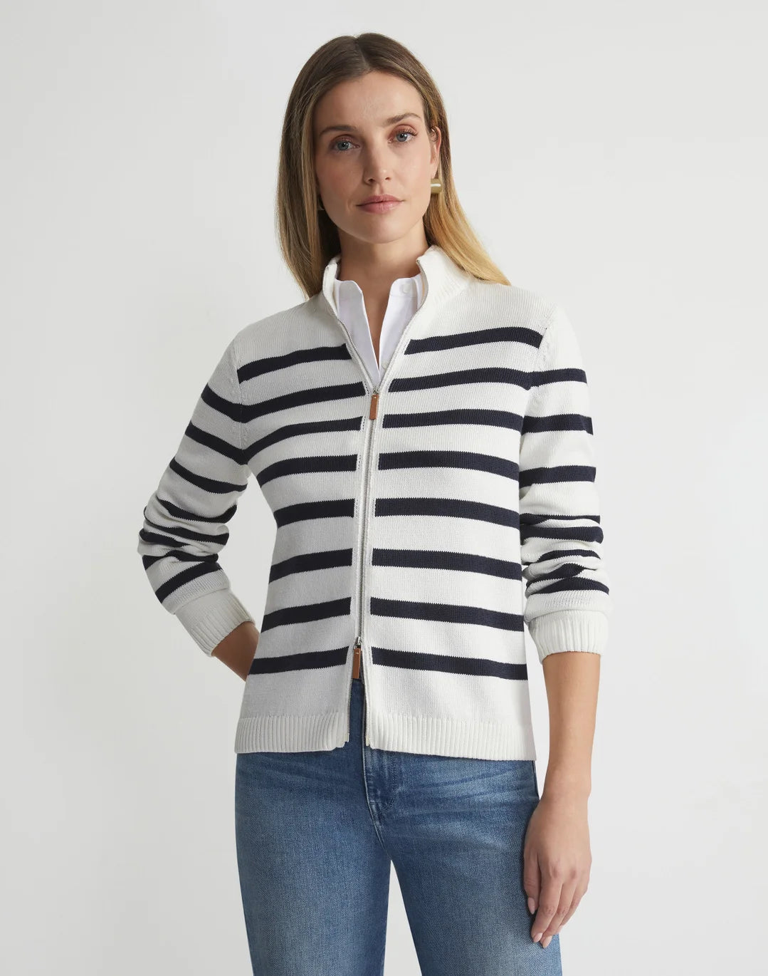 Lafayette 148 Striped Fitted Bomber Jacket in Cloud Multi