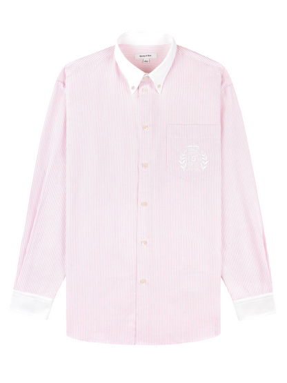 Sporty & Rich H&W Crest Oversized Oxford Shirt in Pink/White Thin Stripe