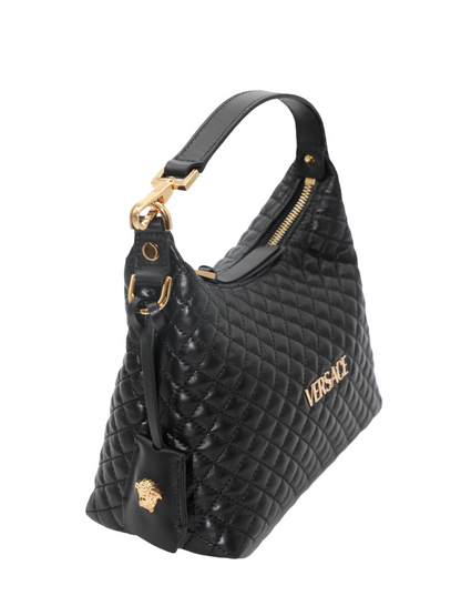 Versace Tag Hobo Lamb Leather Bag in Black/Versace Gold