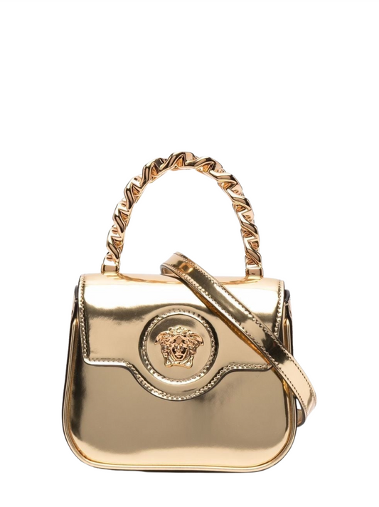 Versace La Medusa Mini Top Handle Calf Leather Bag in Gold