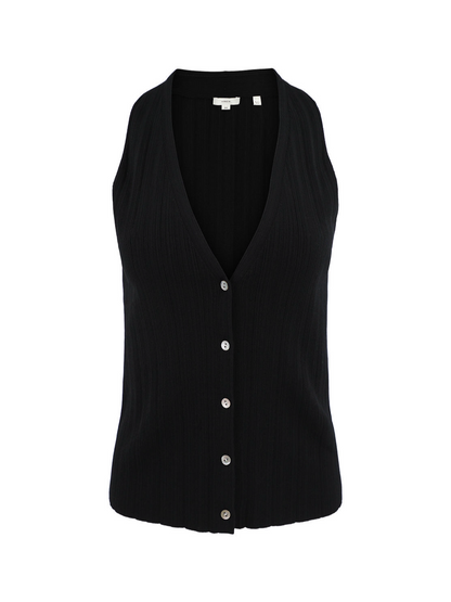 Vince Italian Cotton-Blend Button V-Neck Tank in Black