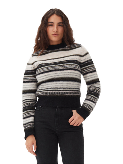 Ganni Soft Wool Stripe O-Neck Sweater in Black 099