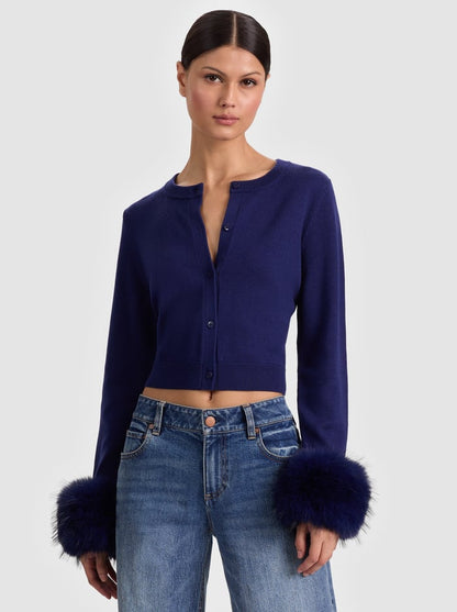 Alice + Olivia Dollie Faux Fur Cuff Cardigan in Midnight Blue