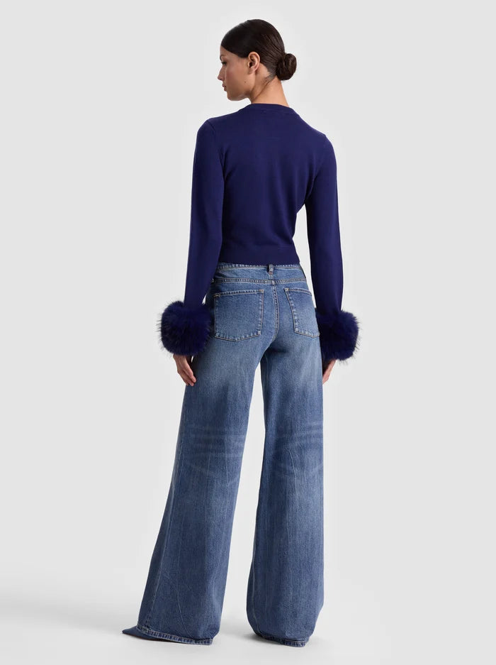 Alice + Olivia Dollie Faux Fur Cuff Cardigan in Midnight Blue