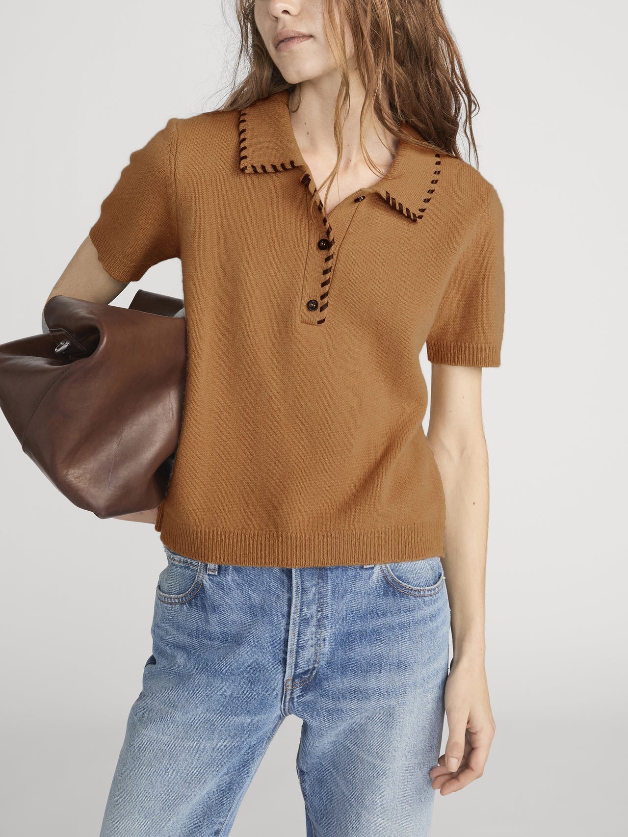 Frame Leather Stitch Polo in Camel