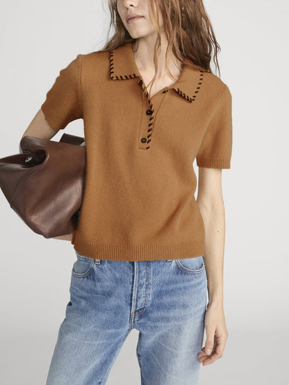Frame Leather Stitch Polo in Camel